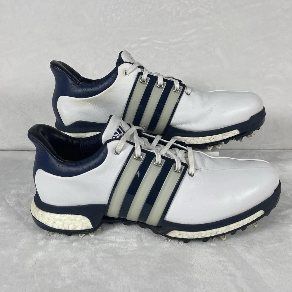 Adidas Tour360 Boost Golf Shoes Mens 8.5 White Navy Leather Spiked Performance